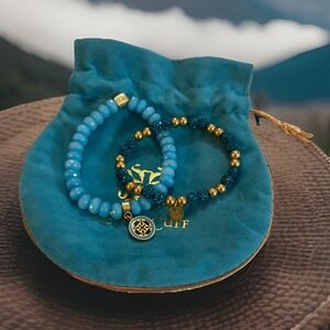 Set Of 2 Blue & Gold Tone Beaded Bracelets Rustic Cuff With Dust Bag Gifts Shiny